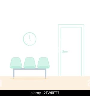 Waiting room. Three empty chairs. A clock on the wall. Linear door. Appointment. Vector illustration, flat design Stock Vector