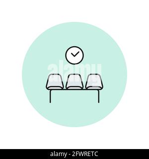 Waiting room icon. Black thick outline. Three empty chairs. A clock on the wall. Vector illustration, flat design Stock Vector