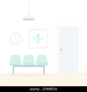 Medical waiting room. Three grey empty chairs. A poster on the wall. Ceiling light. Linear door. Medical appointment. Hospital interior. Vector illust Stock Vector