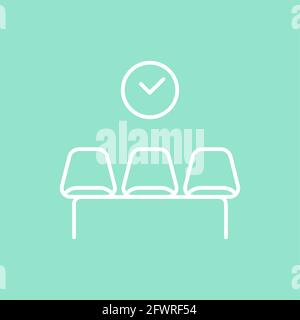 Waiting room icon. White outline on turquoise background. Three empty chairs. A clock on the wall. Vector illustration, flat design Stock Vector