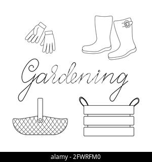 Gardening tools set of basket, box, boots and gloves with lettering outline simple minimalistic flat design vector illustration isolated on white back Stock Vector