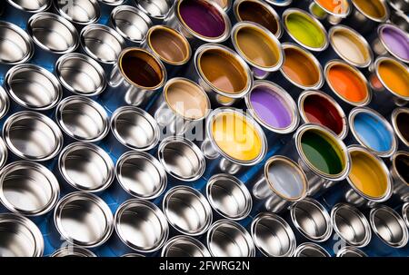 Background from multi color cans of paint Stock Photo