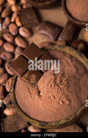 Assorted chocolate bar, candy sweet, cocoa pod Stock Photo