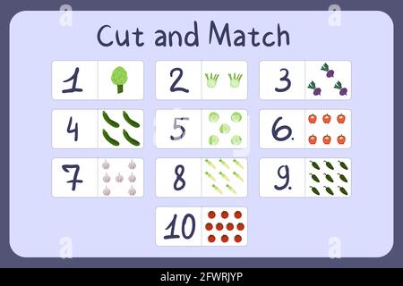 Flash cards with numbers for kids, set 4. Cut and match pictures with numbers and fruits. Illustration for educational math game design. Printable worksheet. Cartoon vector template. Stock Vector