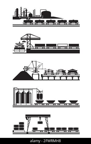 Freight railway wagons for various products – vector illustration Stock Vector