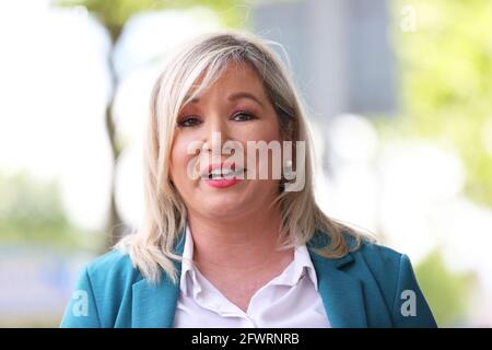 Deputy First Minister Michelle O'Neill at the Strand Centre Cinema in east Belfast to mark the reopening of indoor arts venues, after the latest easing of the Covid-19 rules in Northern Ireland . Stock Photo