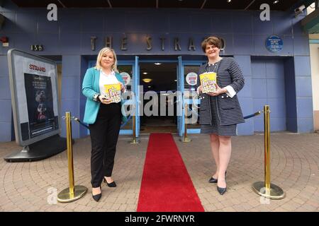First Minister Arlene Foster and Deputy First Minister Michelle O'Neill at the Strand Centre Cinema in east Belfast to mark the reopening of indoor arts venues, after the latest easing of the Covid-19 rules in Northern Ireland . Stock Photo