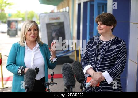 First Minister Arlene Foster (right) and Deputy First Minister Michelle O'Neill at the Strand Centre Cinema in east Belfast to mark the reopening of indoor arts venues, after the latest easing of the Covid-19 rules in Northern Ireland . Stock Photo