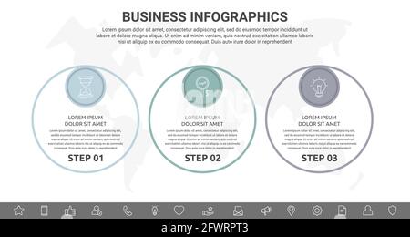 Modern and line vector infographic with icons and three steps. Circles with thin lines for the application, website, interface, chart, diagram, banner Stock Vector