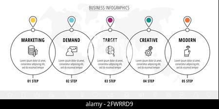 Modern and line vector infographic with icons and 5 steps. Circles with thin lines for the application, website, interface, chart, levels, diagram Stock Vector