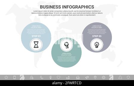 Vector three step infographics from circles with icons. Modern timeline concept for chart, levels, web, diagram, banner, presentations, business Stock Vector