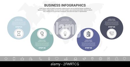 Vector five step infographics from circles with icons. Modern timeline concept for chart, levels, web, diagram, banner, presentations, business Stock Vector