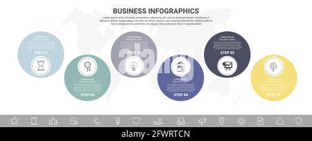 Vector six step infographics from circles with icons. Modern timeline concept for chart, levels, web, diagram, banner, presentations, business Stock Vector