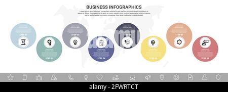 Vector eight step infographics from circles with icons. Modern timeline concept for chart, levels, web, diagram, banner, presentations, business Stock Vector