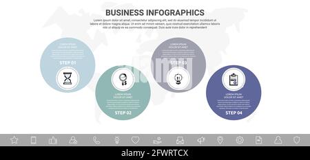 Vector four step infographics from circles with icons. Modern timeline concept for chart, levels, web, diagram, banner, presentations, business Stock Vector