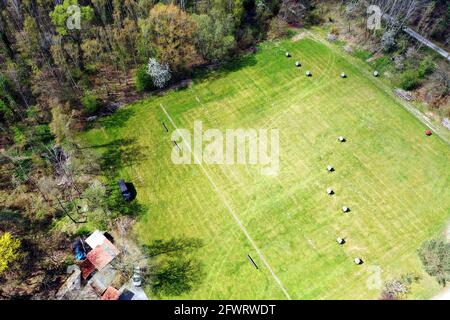 Aerial view of archery range with a large lawn and targets Stock Photo