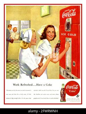 Coca Cola Vintage 1940s Nurses Coca Cola Press Poster Advertising Campaign Coca Cola Nurse 1948. Advertisement 'work refreshed have a coke' priced at 5 cents USA Stock Photo