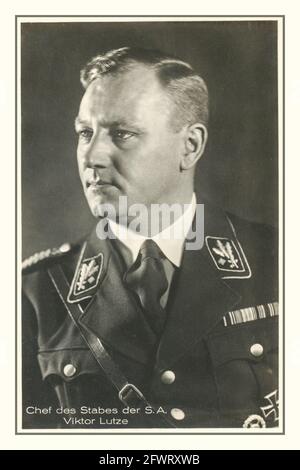 1930's Nazi Portrait of Viktor Lutze Chef des Stabes der SA  was a German Nazi Party functionary and the commander of the Sturmabteilung succeeding Ernst Röhm as Stabschef and Reichsleiter. He died from injuries received in a car accident. Lutze was given an elaborate state funeral in Berlin on 7 May 1943