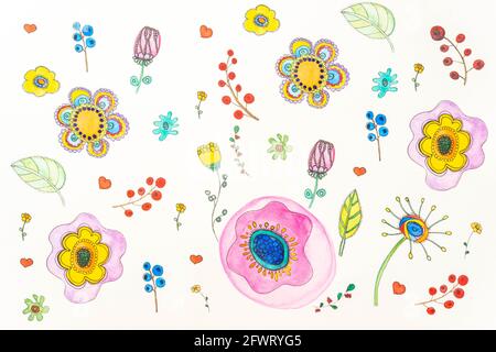 Summer botanical hand drawn pattern. Floral composition of cute flowers, leaves and berries on white canvas paper. Styled stock photo. Flat lay, top v Stock Photo