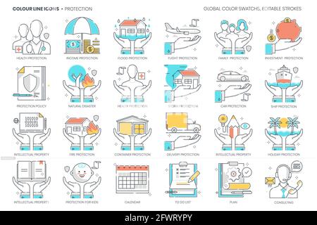 Protection related, color line, vector icon, illustration set Stock Vector