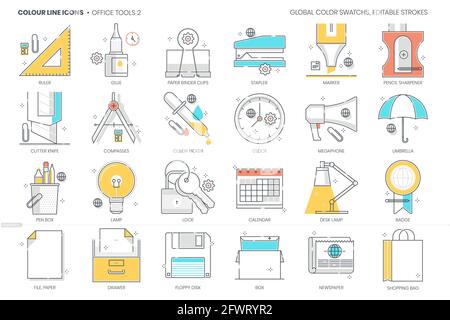 Office tools related, color line, vector icon, illustration set Stock Vector