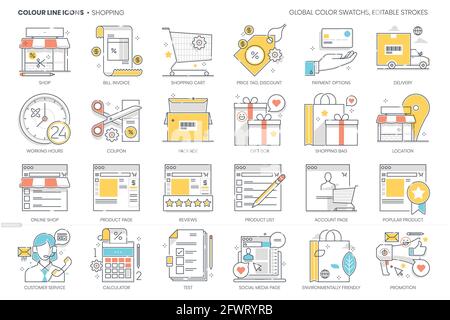 Shopping related, color line, vector icon, illustration set Stock Vector