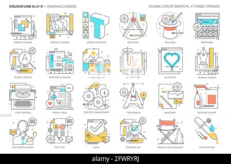 Graphic design related, color line, vector icon, illustration set Stock Vector