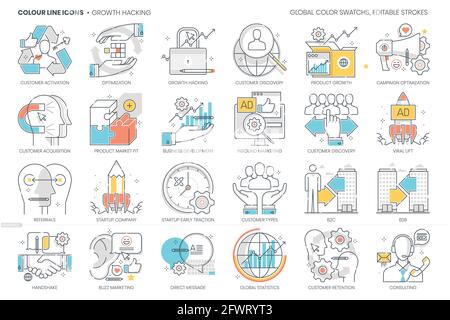 Growth hacking related, color line, vector icon, illustration set Stock Vector