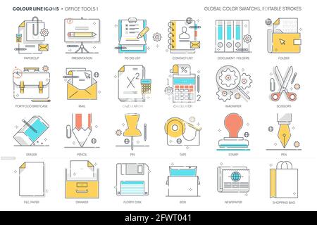 Office tools related, color line, vector icon, illustration set. Stock Vector