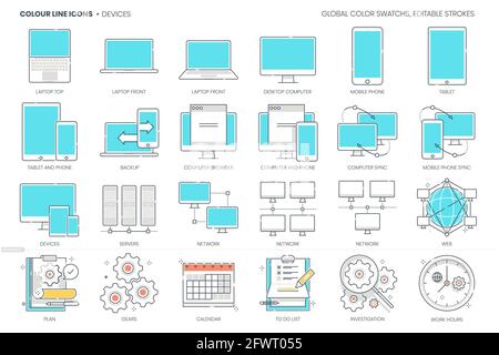 Devices related, color line, vector icon, illustration set Stock Vector