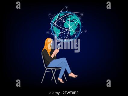 Businesswoman siting on chair and using smartphone for connection technology, concept using smartphone for connection to Global network connection Stock Vector
