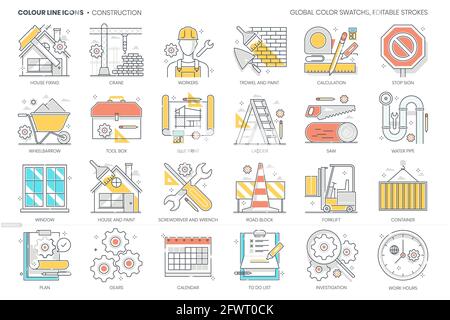 Construction related, color line, vector icon, illustration set Stock Vector