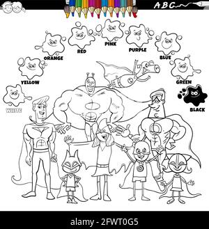 Black and white educational cartoon illustration of basic colors for children with superheroes fantasy characters group coloring book page Stock Vector