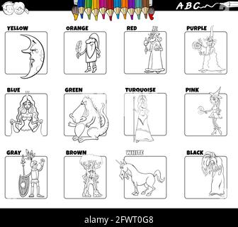 Black and white cartoon illustration of basic colors with comic fantasy characters educational set coloring book page Stock Vector