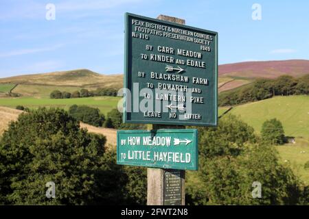 Footpath signs near Little Hayfield in the Derbyshire Peak District on an August evening Stock Photo