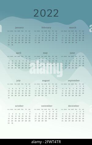 Vertical mint green calendar for 2022 year. Mountains silhouettes abstract gradient colorful background. Calendar design for print and digital. Week s Stock Vector
