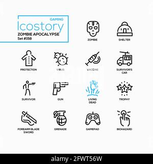 Zombie apocalypse - line design style icons set. Gaming objects, weapons. Black images of a shelter, protection, virus, vaccine, survivor, gun, living Stock Vector