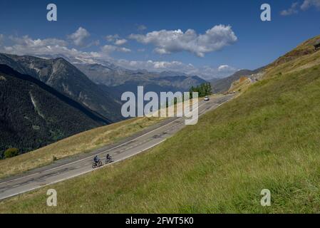 Aran Valley on a summer morning, seen from the road that goes up to Pla de Beret (Aran Valley, Catalonia, Spain, Pyrenees) Stock Photo