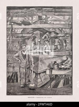 Illustration of a workers at the arsenal building a battleship entitled 'Construction d'un cuirassé' by Paul Renouard published on November 1, 1885 in Stock Photo