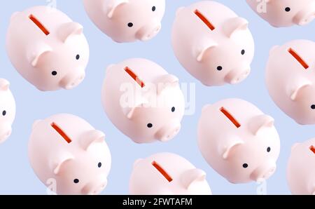 Pattern of pink piggy banks top view on gray background Stock Photo