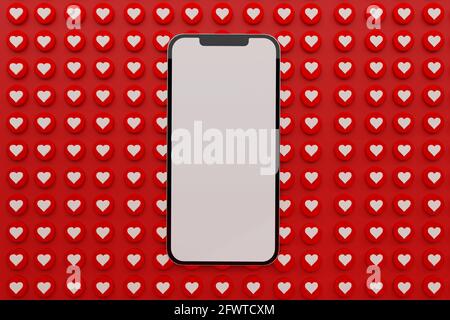 3D Rendered Heart Emojis Around Mobile with White Empty Screen Copy space. Modern love emojis collection Stock Photo