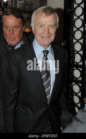 File photo dated October 23, 2009 of Max Mosley arriving at the hotel Westin in Paris, France. Jean Todt was elected president of motor racings governing body FIA beating Finnish candidate Ari Vatanen. Todt was the big favorite after getting backing from outgoing FIA president Max Mosley and Formula One boss Bernie Ecclestone. The 63-year-old Frenchman was elected to a four-year term, beating Vatanen 135-49 in the voting at FIAs annual general meeting in Paris. The FIA said 12 votes were ruled as invalid or abstentions. - Max Mosley, the former president of motor sports' world governing body Stock Photo