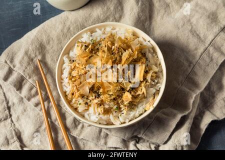 Healthy Homemade Tuna Cat Rice with Sesame Seeds and Bonito Flakes Stock Photo