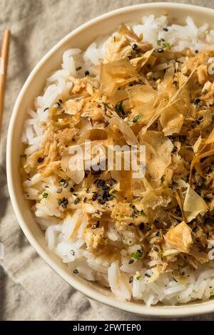 Healthy Homemade Tuna Cat Rice with Sesame Seeds and Bonito Flakes Stock Photo