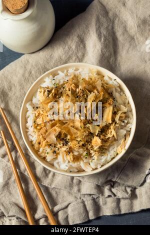 Healthy Homemade Tuna Cat Rice with Sesame Seeds and Bonito Flakes Stock Photo