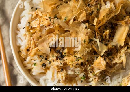 Healthy Homemade Tuna Cat Rice with Sesame Seeds and Bonito Flakes Stock Photo