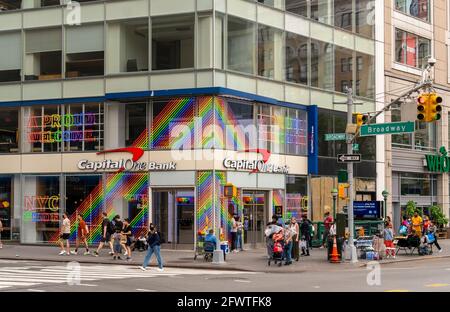 New York, USA. 22nd May, 2021. A branch of Capital One Bank in Union Square in New York is enthusiastically decorated for Gay Pride on Saturday, May 22, 2021. (ÂPhoto by Richard B. Levine) Credit: Sipa USA/Alamy Live News Stock Photo