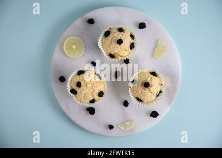 Three Blueberry Cupcakes on a Light Blue Backdrop Stock Photo