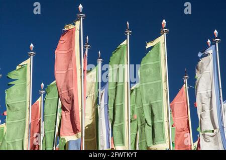 Mani prayar flags, Za-Sa monastery buddhism in Nepal Stock Photo