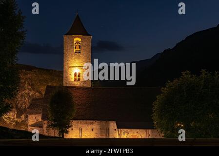 Romanesque church of Sant Joan de Boí in a summer night (Vall de Boí, Catalonia, Spain, Pyrenees)  ESP:  Iglesia románica de Sant Joan de Boí Stock Photo